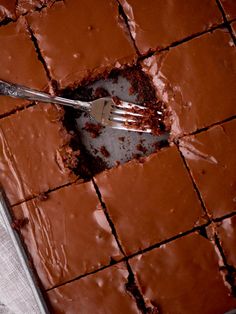 a fork sticking into a piece of chocolate cake