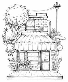 a black and white drawing of a house