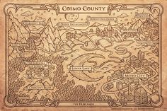 the map for cosmo county, which is located on top of a wooden board