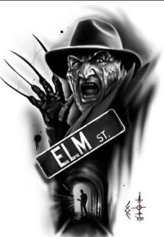 a black and white drawing of a man with claws on his head holding a sign that says elm street