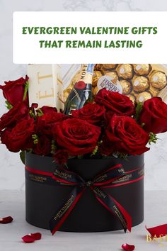 a black box with red roses and chocolates in it that says evergreen valentine gifts that remain lasting