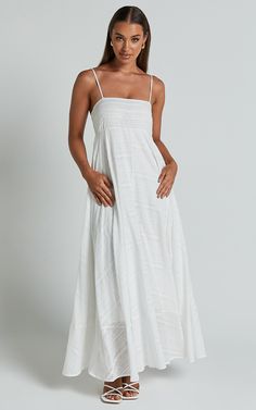 Noremi Midi Dress - Strappy Straight Neck A Line Dress in White | Showpo USA Outdoor Bridal Shower Outfit, White Long Dress Outfit, Straight White Dress, Long White Sundress, Church Outfits Summer, Long White Summer Dress, White Sundress Long, Casual Church Outfits, White Long Dresses