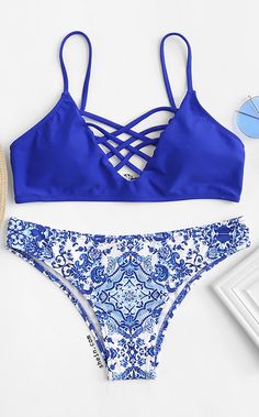 Criss Cross Front Porcelain Print Bikini Set Porcelain Print, Cross Front Top, Summer Bathing Suits, Cute Bathing Suits, Summer Swim Suits, Cute Swimsuits, Cute Bikinis, Womens Bathing Suits