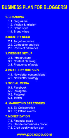 the business plan for bloggers is shown on a blue background with black and white text