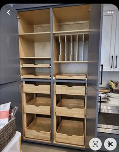 an open cabinet with wooden shelves and drawers