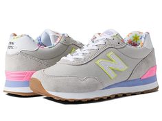 New Balance Classics WL515V3 - Women's Classic Shoes : Rain Cloud/Lemonade : Nothing looks fresher than a pair of sporty sneakers from New Balance Classics! This WL515V3 athletic shoe features a plush comfortable ride in a traditional silhouette. Leather and mesh or textile uppers in a sporty mid-top profile. Traditional lace-up closure. Foam-padded collar and tongue. Soft textile lining and a removable foam insole provide all-day comfort. TPU heel insert for extra support. ENCAP® midsole for cu Cute Womens Tennis Shoes, Preppy New Balance Shoes, New Balance Colorful, New Balance Shoes 574, Womens New Balance Shoes, Preppy Sneakers, New Balance 574 Womens, Cross Country Shoes, New Balance 515