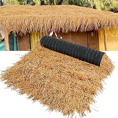 a straw covered bench with a black mat under it