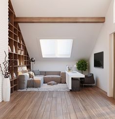 a living room filled with furniture and a skylight