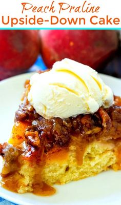 a slice of peach pralie upside down cake on a white plate