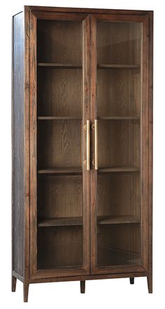 a wooden bookcase with glass doors on the front and bottom shelves in dark wood