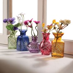 four different colored vases with flowers in them sitting on a window sill next to a window