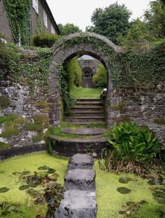 an old building with moss growing on the ground and stairs leading up to another building