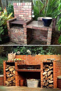 an outdoor fireplace made out of bricks and logs