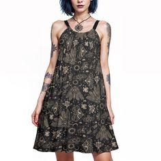 Occult Cicada A-line Halter Dress. This witchy moth dress is breathable, comfortable, and available up to 5XL to fit any body. Made from a light and cotton-like viscose material and featuring my whimsigoth celestial cicada print in black, beige, and pink. Perfect for warm summer days or paired with your favorite leggings in the cooler months, this lightweight flowy dress is the perfect addition to any gothic wardrobe.  **Please note, while I hand design all my patterns in Athens, Greece, this product is printed to order and shipped from my printing partner in China. Please allow 14-30 days for delivery. ● Fabric: 100% Rayon/Viscose ● Regular flowy fit ● Movable shoulder strap ● Fabric Weight: 115 g/m2                    ● Care Instruction: machine wash cold with similar colors, hang to dry Goth Summer Fashion, Moth Dress, Gothic Wardrobe, Moth Print, December 3rd, Summer Goth, Ring Der O, Flowy Dress, Cami Dress