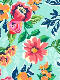 an image of colorful flowers and leaves on a light blue background, seamless pattern