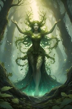 a woman is standing in the middle of a forest