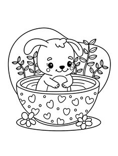 a cartoon dog sitting in a bowl filled with plants and hearts on the ground, coloring pages