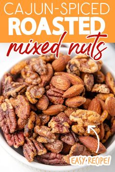 closeup of a bowl of spicy mixed nuts with Cajun seasoning Spicy Roasted Nuts Recipe, Savory Mixed Nuts Recipes, Spicy Mixed Nuts Recipe, Spicy Nuts Recipe Holidays, Spicy Nuts Roasted, Flavored Nuts Recipes, Mixed Nuts Recipes Snacks, Christmas Nuts Recipes, Seasoned Nuts Recipe