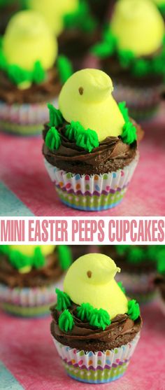 mini easter peeps cupcakes with chocolate frosting and sprinkles