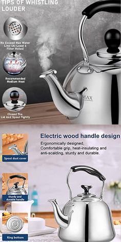 an advertisement for a tea kettle with the words electric wood handle design and instructions to use it