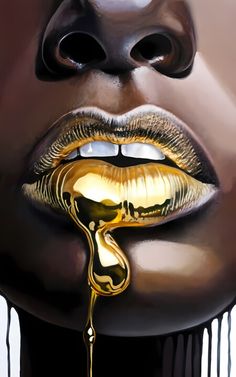 a woman's face with gold lipstick dripping from her mouth and the lips are painted black