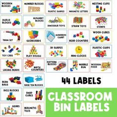 the classroom bin labels are filled with different types of legos and building blocks for kids