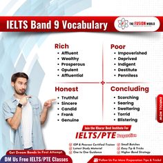 an advertisement for ielts band 9 vocabulary with a man pointing to the side