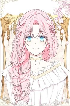 an anime character with long pink hair and blue eyes, wearing a white dress in front of