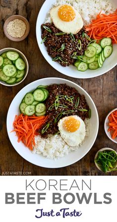 two white bowls filled with rice, carrots and meat topped with fried egg on top