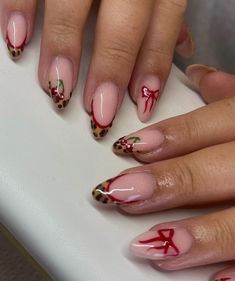 Red Nails And Leopard Print, Leopard Print Tips Nails, Red French Nails With Design, Red Leapord Nails, Leopard Red Nails, Leopard Print And Red Nails, Nail Ideas Bow, Leopard And Red Nails, Red Tortoise Shell Nails