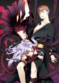 two anime characters sitting next to each other in front of a black background with red and purple swirls