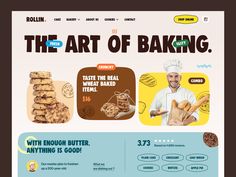 the art of baking website homepage is displayed on a computer screen, with an image of a baker holding baked goods in front of him