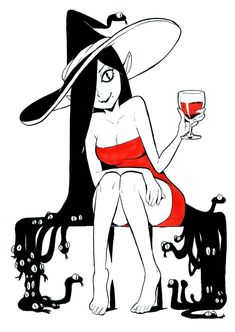 a woman in a red dress holding a glass of wine sitting on a black cat