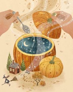 two hands are holding a spoon over a barrel with pumpkins and other things around it