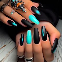 Black Summer Nails 2024, Turquoise And Black Nails, Turquoise Nails, Sassy Nails, Cute Simple Nails, Fancy Nails Designs, Matte Nails Design, Dope Nail Designs, Manicure Y Pedicure