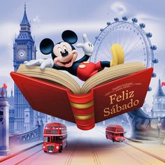 mickey mouse is reading a book in front of the london eye