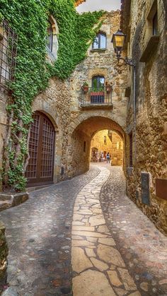 an alley way with stone buildings and ivy growing on the walls, leading to two arched doorways