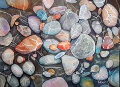 a painting of rocks and pebbles on the ground with words written below it that says,