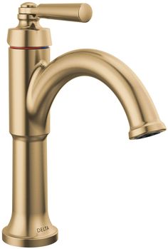 the delta faucet is shown in gold