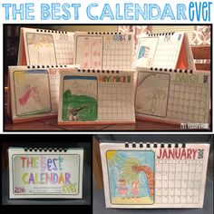 the best calendar ever for kids is displayed in three different pictures, including an open book and