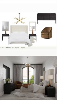 the interior design process is shown in two different stages, including white and brown furniture