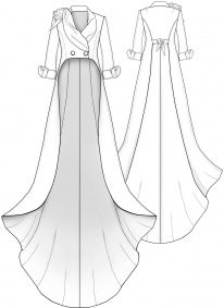 the front and back view of a long dress with an open jacket on one side