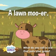 a cartoon cow standing in front of a fence with the caption, what do you call a cow that eats your grass?