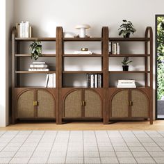 a living room with an open bookcase next to a sliding glass door and potted plants