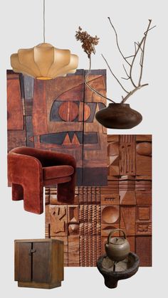 an assortment of wooden furniture and accessories including a lamp, chair, table, vase and other items