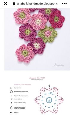 crocheted flowers are shown in pink, green and white colors on the page