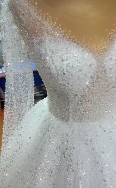 the back of a wedding dress with beading and sequins on display in a store