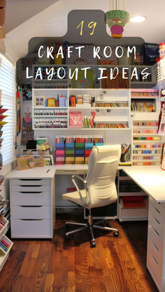 an organized craft room with lots of crafting supplies on the shelves and desks