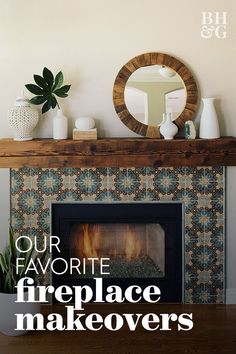 a living room with a fireplace, mirror and potted plants on the mantel