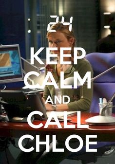 a woman sitting at a desk with a laptop computer in front of her and the words keep calm and call cloe